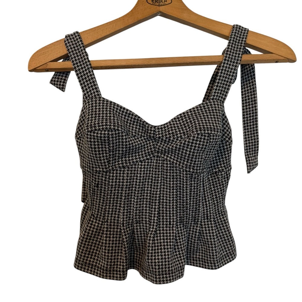 Free People Houndstooth Cropped Tank Top Black White Tie Straps Zip XS - Picture 3 of 7